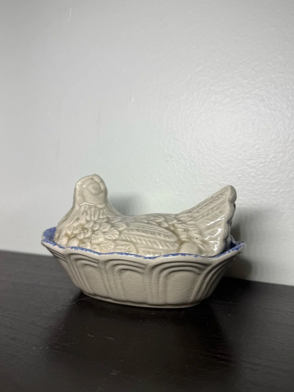 Vintage 1970s Hen On Nest Blue Splatter China Signed